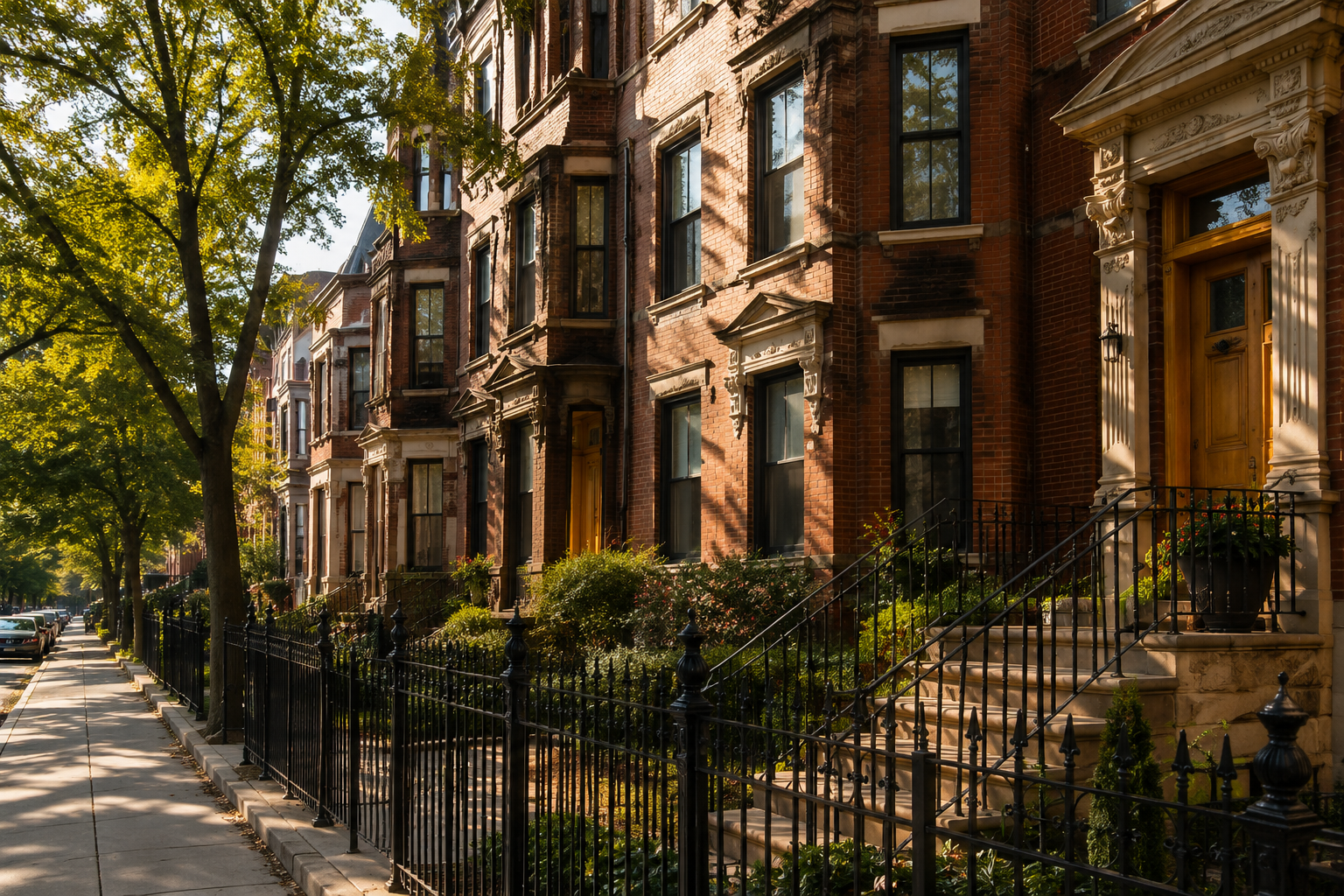 Chicago brick residential buildings along a tree-lined street