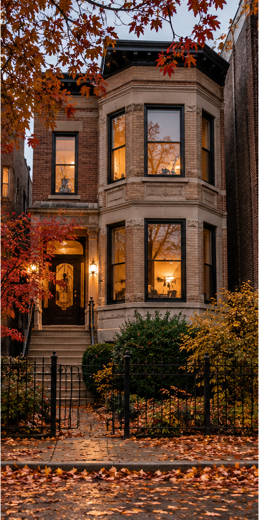 Chicago two-flat framed by autumn leaves
